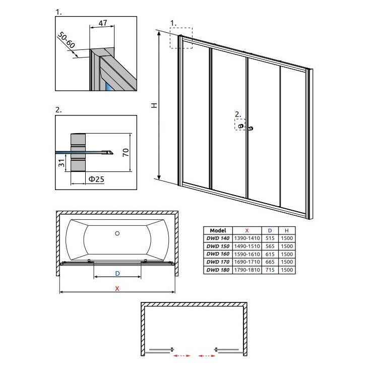 Двухдверная раздвижная шторка на ванну Radaway Vesta DWD схема 2