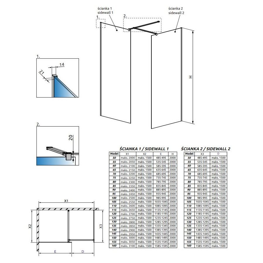 Стеклянная душевая перегородка Walk-in Radaway Modo New Black III Frame с черными перегородками схема 2