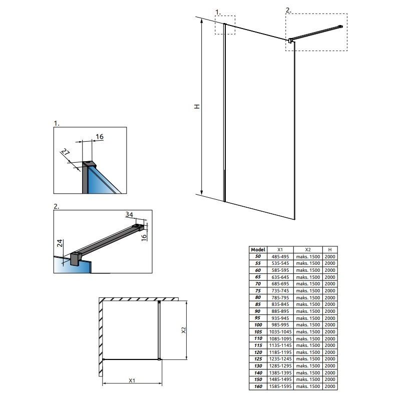 Душевая перегородка Walk-in Radaway Modo X Black II Frame в черной раме схема 2