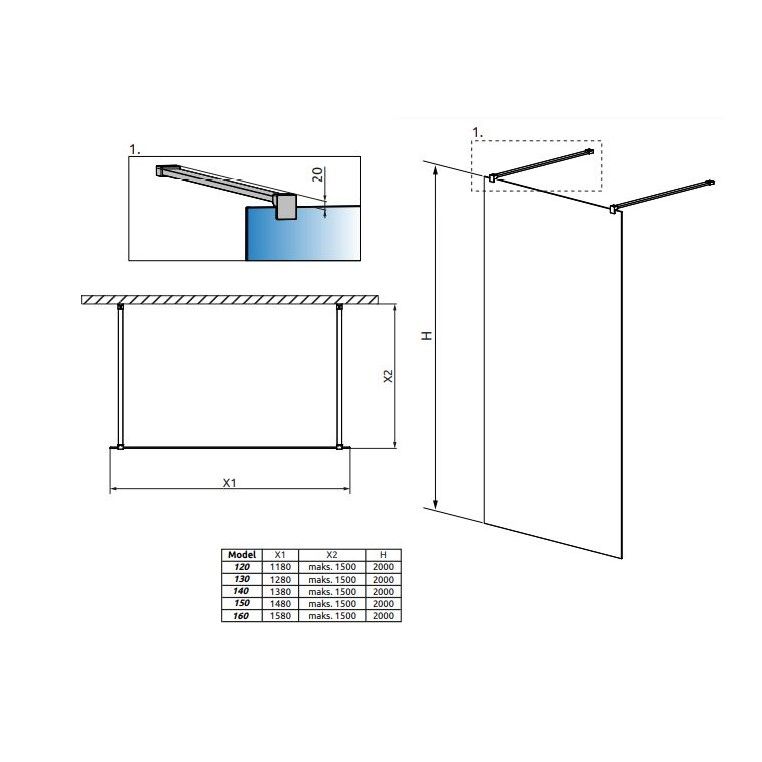 Стеклянная душевая перегородка Walk-in Radaway Modo New Black I Frame с черным профилем схема 2