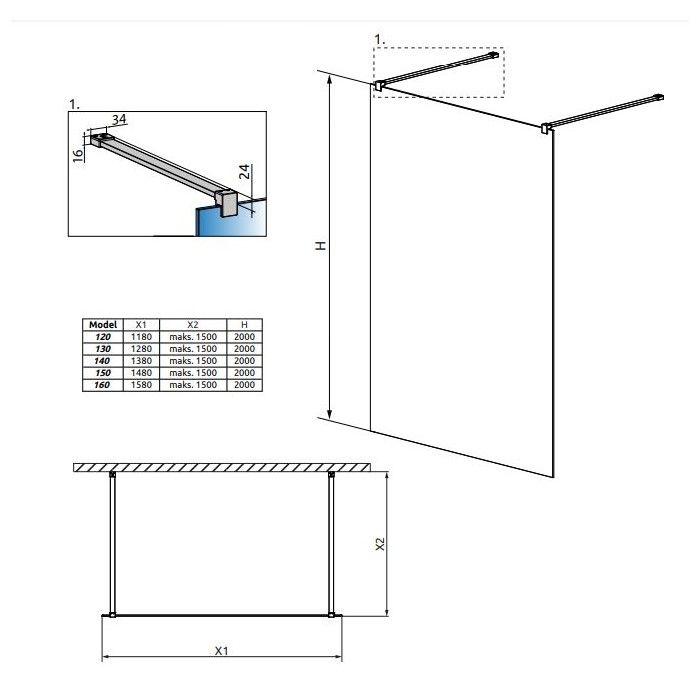 Душевая перегородка Walk-in Radaway Modo X I бездверный схема 2