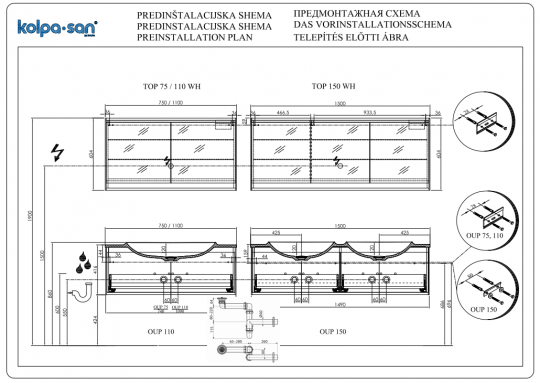 Тумба Kolpa San PANDORA (Пандора) с двойной раковиной 150х46 схема 3