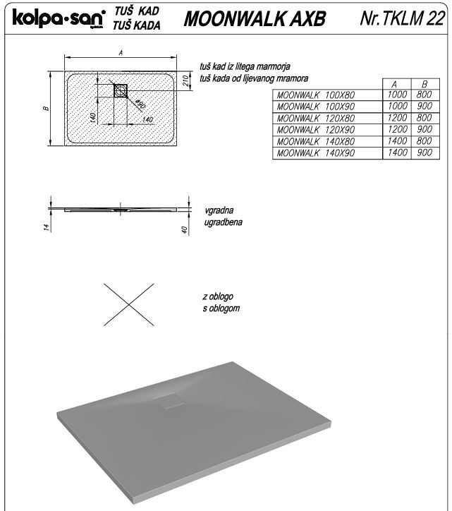 Прямоугольный душевой поддон Kolpa San MOONWALK из литьевого мрамора схема 2