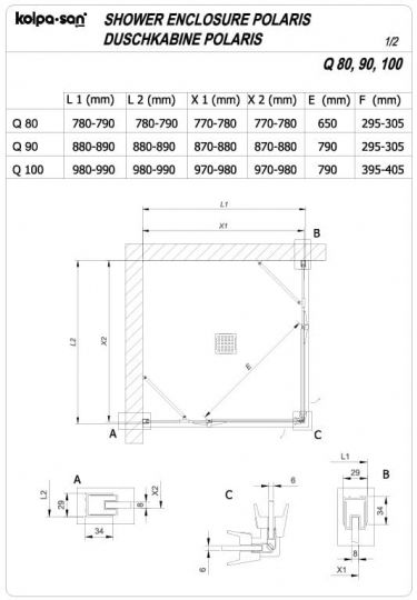 Квадратный душевой уголок Kolpa San POLARIS Q 5153 с двойной дверью схема 2