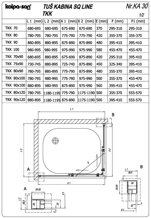 Квадратный душевой уголок Kolpa San SQ LINE TKK схема 2