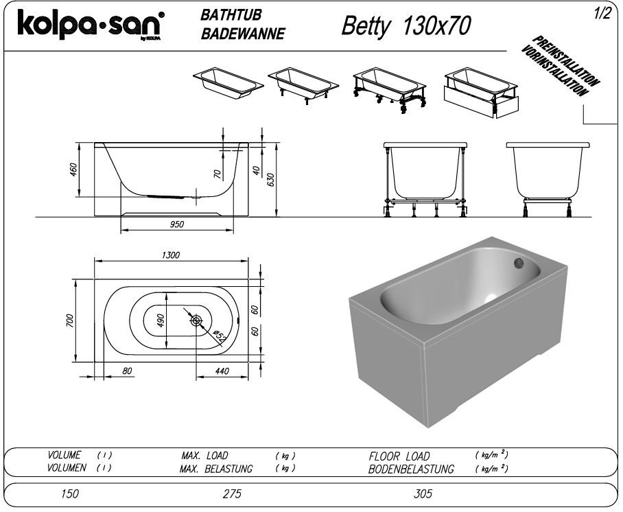 Маленькая гидромассажная ванна Kolpa San Betty (Бэтти) 130x70 схема 2