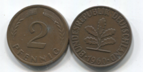 Германия 2 пфеннига 1968-2001 VF-XF