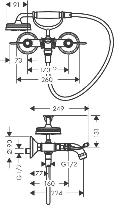 Смеситель Hansgrohe AXOR Motreux для ванны с душем 16551820 схема 1