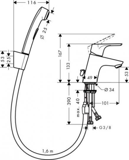 Смеситель с гигиеническим душем Hansgrohe Focus для раковины 31926000 схема 1