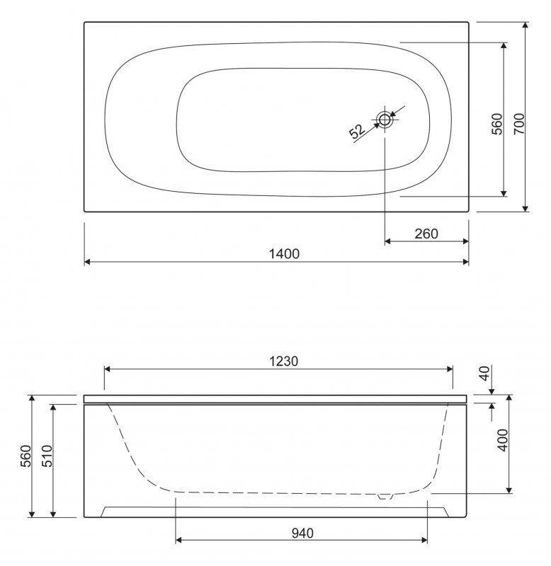 Короткая полимерная ванна Cezares Eco 140x70 схема 2