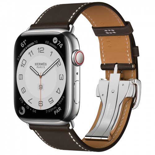 Часы Apple Watch Hermès Series 9 GPS + Cellular 45mm Silver Stainless Steel Case with Ebène Barénia Leather Single Tour Deployment Buckle