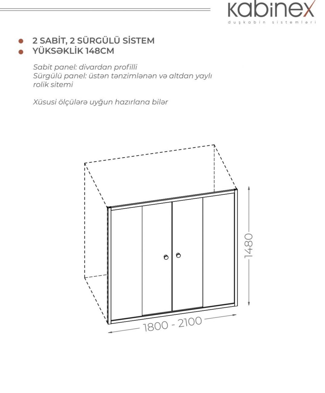 KABİNEX | Düz Vannalarin Duş Kabinləri üçün Ön Panel | en 180-210 sm, hündürlük 148 sm.