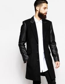 Шерстяное пальто с рукавам из искусственной кожи ASOS