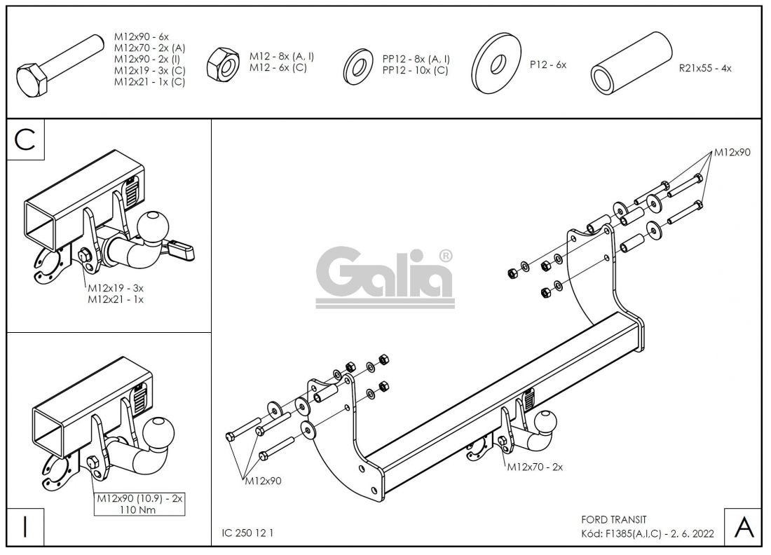 Фаркоп Galia (оцинкованный) Ford Transit шасси 2014- условно-съемное крепление шара