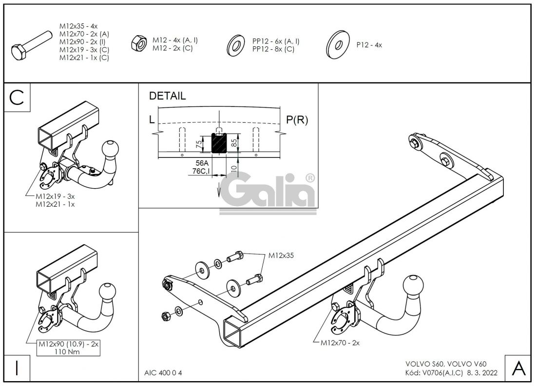 Фаркоп Galia (оцинкованный) Volvo S60 2010-2019, Volvo V60 2010-2019 условно-съемное крепление шара
