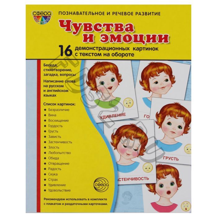 Демонстрационные картинки "Чувства и эмоции" 16 картинок с текстом, 173х220мм