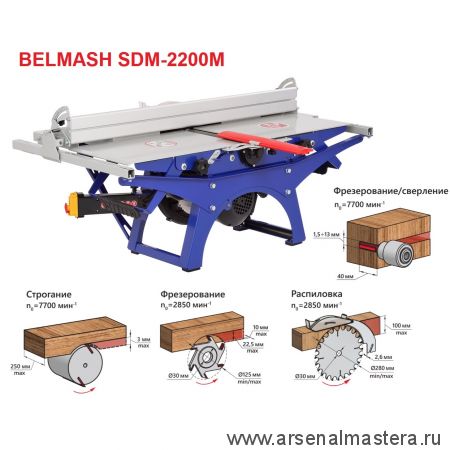 АКЦИЯ НОЯБРЬ 2024 ДЕШЕВЛЕ! Станок деревообрабатывающий многофункциональный фугование, распиловка, фрезерование , сверление 2,2 кВт 230 В BELMASH SDM-2200M S015A