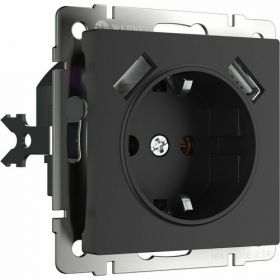 Розетка с Заземлением и Шторками Werkel W1171508 Черная, Матовая, USBх2 / Веркель