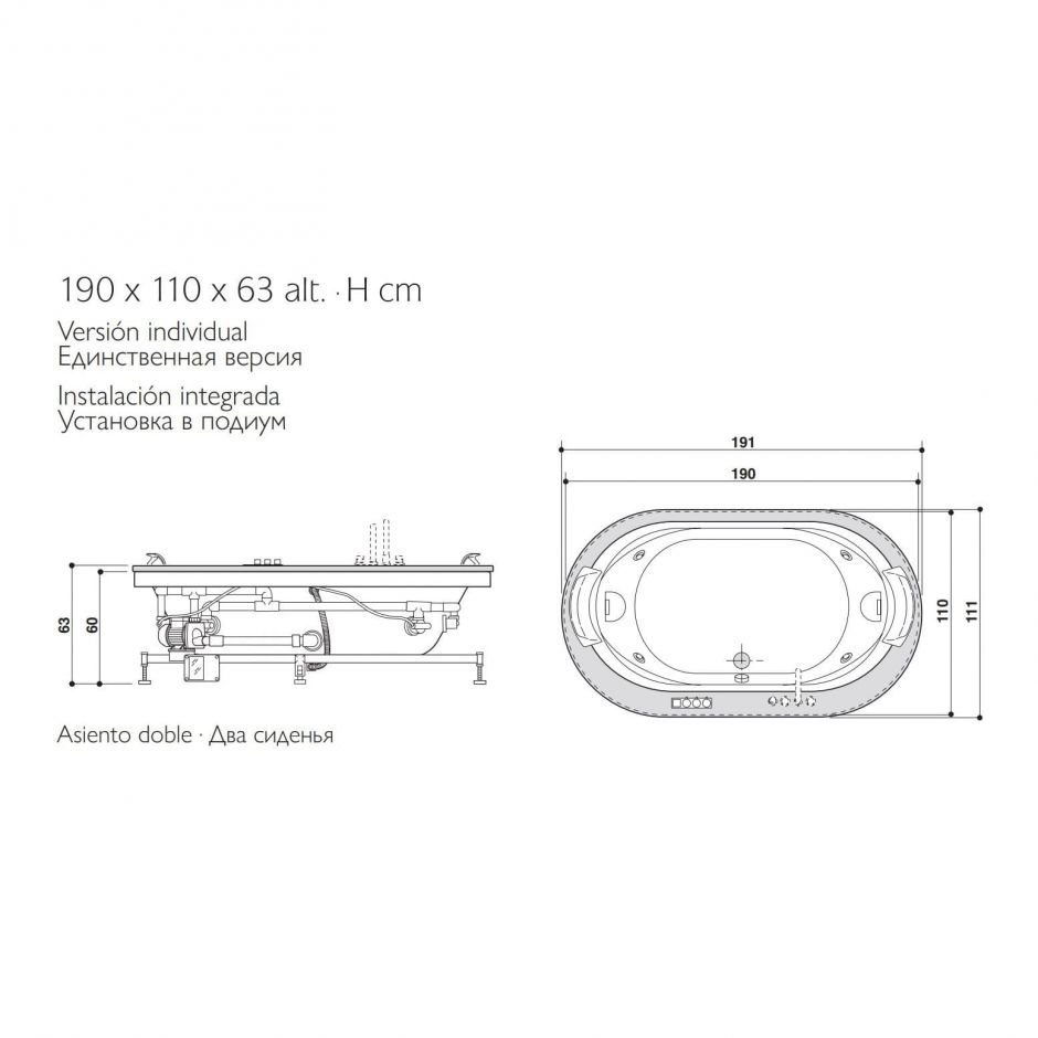 Гидромассажная ванна Jacuzzi Opalia Stone встраиваемая с 6 форсунками и 2 подголовниками 190x110 ФОТО