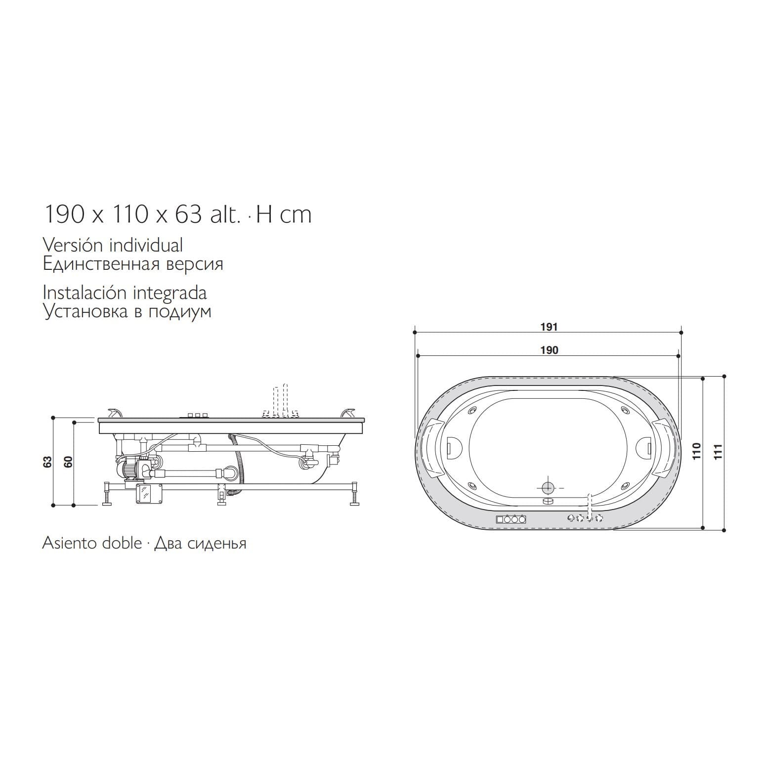 Гидромассажная ванна Jacuzzi Opalia Stone встраиваемая с 6 форсунками и 2 подголовниками 190x110 схема 2