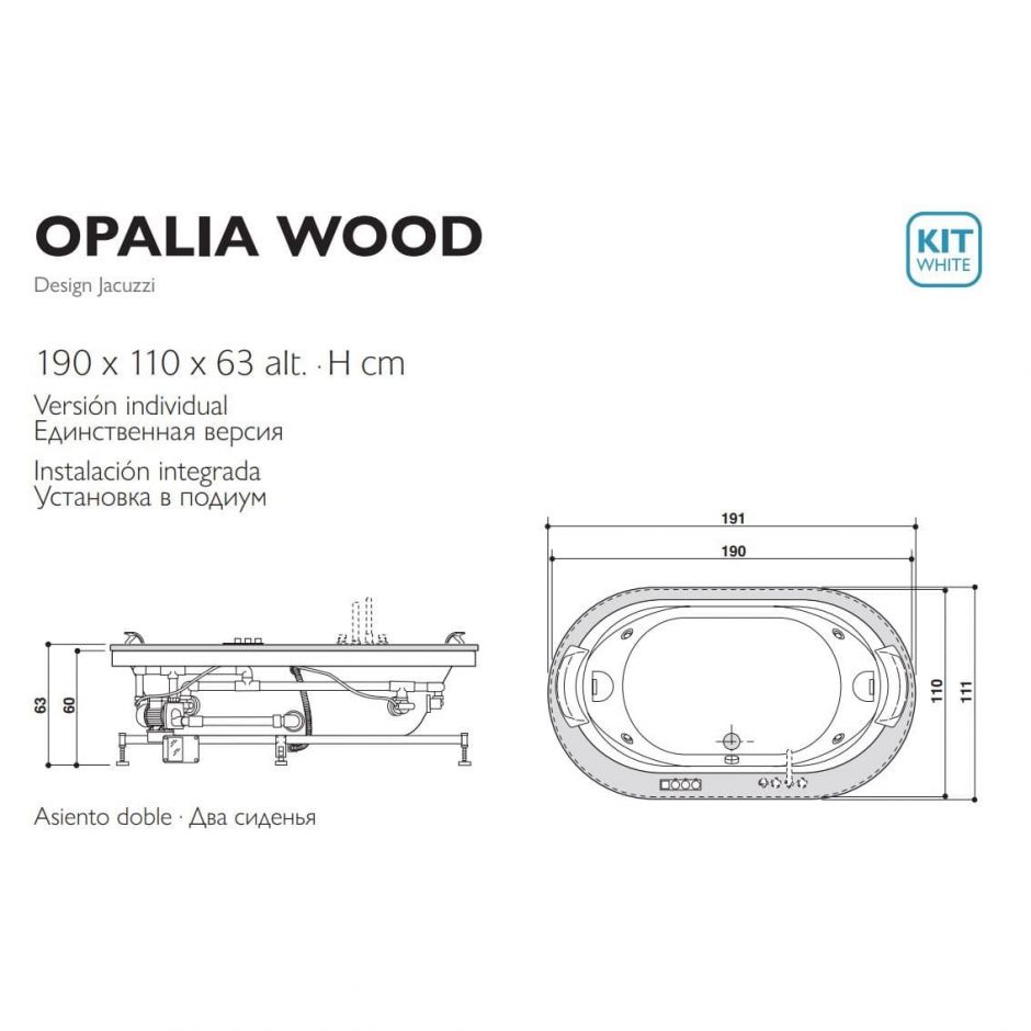 Гидромассажная ванна Jacuzzi Opalia Wood встраиваемая с 6 форсунками и 2 подголовниками 190x110 ФОТО