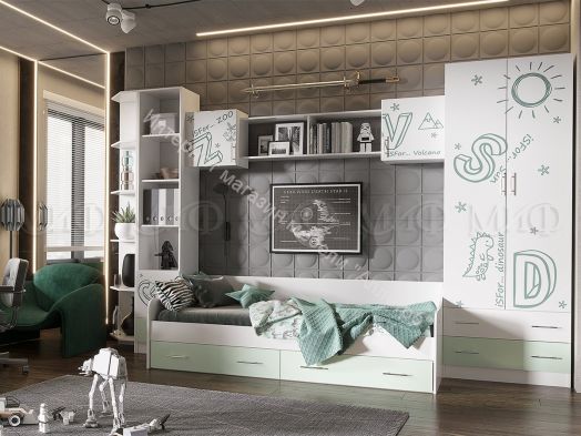 Кровать выдвижная Вега Алфавит 900х2000 мм  Мята, Белый