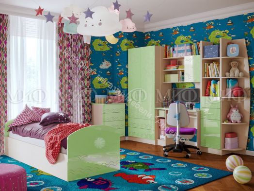 Стенка "Юниор-2" Салатовый металлик, Дуб беленый