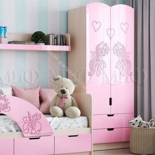 Шкаф "Юниор-3" Мульт Розовый металлик, Дуб Беленый