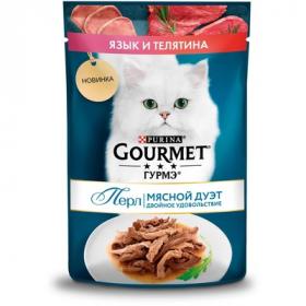 Влажный корм для кошек Gourmet Perle Нежное филе Мясной дуэт с телятиной и языком в соусе 75 гр