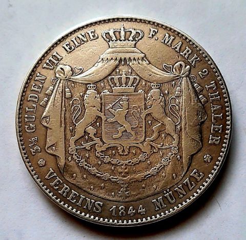 2 талера 1844 Гессен Германия Редкий год XF