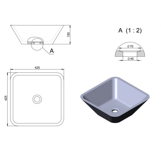 Раковина Holbi Saturn 42,5х42,5 1.02.004 квадратной формы с закругленными углами схема 5