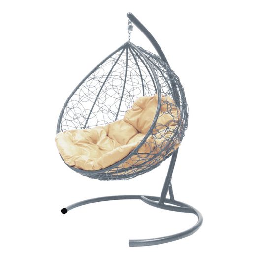 МГККР-13-01 Подвесное кресло КАПЛЯ с ротангом серое, бежевая подушка