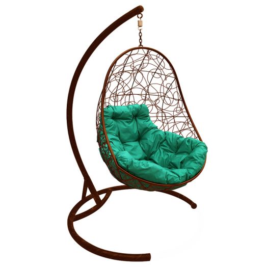 МГКОР-12-04 Подвесное кресло ОВАЛ с ротангом коричневое, зелёная подушка