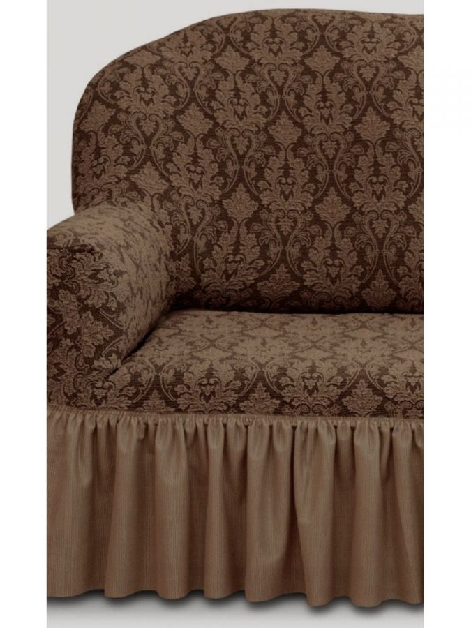 Чехол на угловой диван с оборкой Жаккард ,Шоколадный