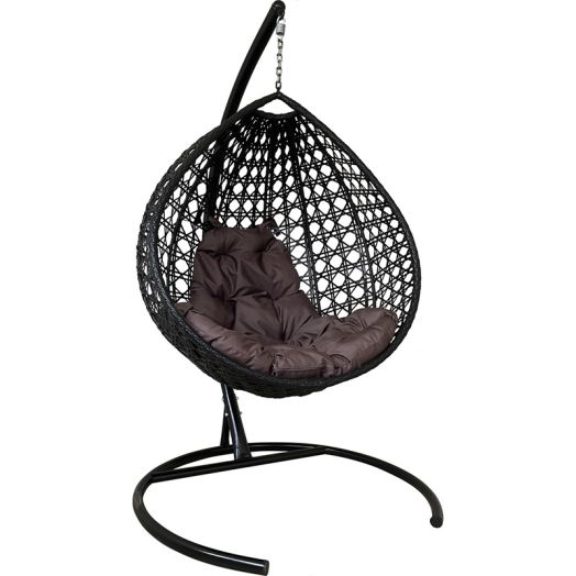 МГККЛР-14-05 Подвесное кресло КАПЛЯ ЛЮКС с ротангом чёрное, коричневая подушка