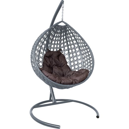МГККЛР-13-05 Подвесное кресло КАПЛЯ ЛЮКС с ротангом серое, коричневая подушка