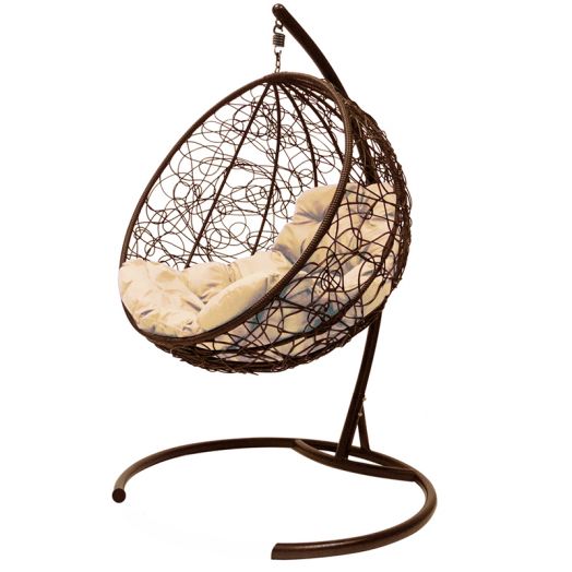 МГКШР-12-01 Подвесное кресло КРУГ с ротангом коричневое, бежевая подушка