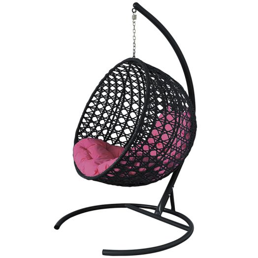 МГКШЛР-14-08 Подвесное кресло КРУГ ЛЮКС с ротангом чёрное, розовая подушка