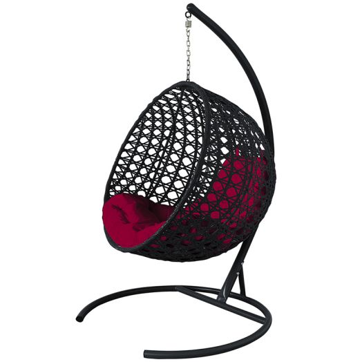МГКШЛР-14-02 Подвесное кресло КРУГ ЛЮКС с ротангом чёрное, бордовая подушка
