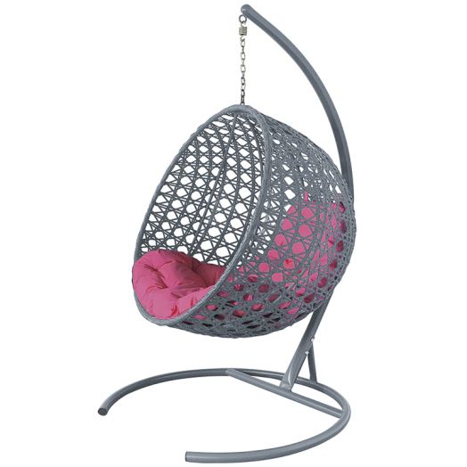 МГКШЛР-13-08 Подвесное кресло КРУГ ЛЮКС с ротангом серое, розовая подушка