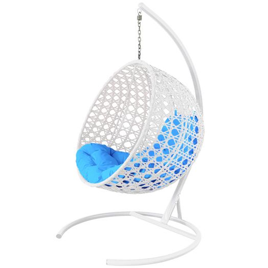 МГКШЛР-11-03 Подвесное кресло КРУГ ЛЮКС с ротангом белое, голубая подушка