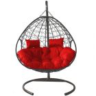МГПК2-13-06 Подвесное кресло ДЛЯ ДВОИХ с ротангом серое, красная подушка