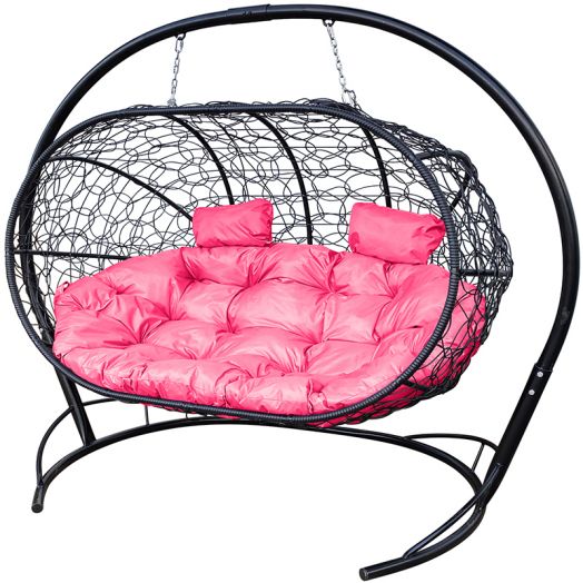 МГПДЛ-14-08 Подвесной диван ЛЕЖЕБОКА с ротангом чёрный, розовая подушка