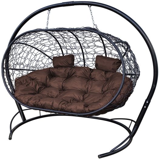 МГПДЛ-14-05 Подвесной диван ЛЕЖЕБОКА с ротангом чёрный, коричневая подушка