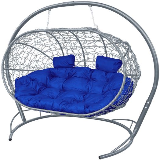 МГПДЛ-13-10 Подвесной диван ЛЕЖЕБОКА с ротангом серый, синяя подушка