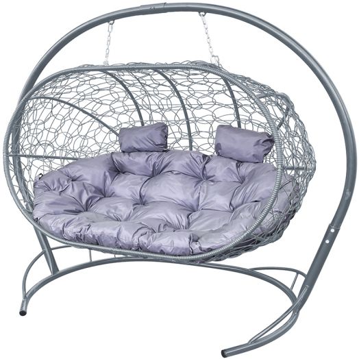 МГПДЛ-13-09 Подвесной диван ЛЕЖЕБОКА с ротангом серый, серая подушка