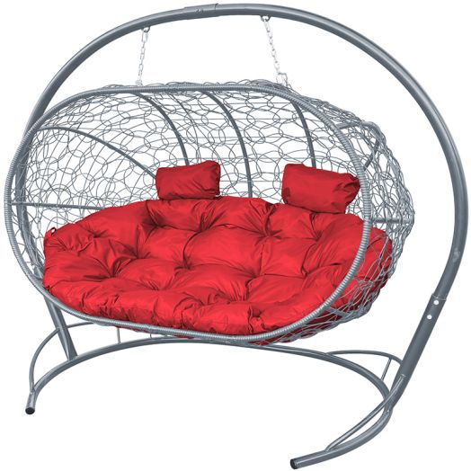 МГПДЛ-13-06 Подвесной диван ЛЕЖЕБОКА с ротангом серый, красная подушка