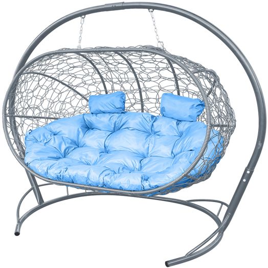 МГПДЛ-13-03 Подвесной диван ЛЕЖЕБОКА с ротангом серый, голубая подушка