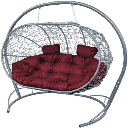 МГПДЛ-13-02 Подвесной диван ЛЕЖЕБОКА с ротангом серый, бордовая подушка