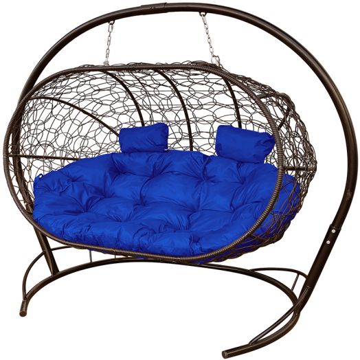 МГПДЛ-12-10 Подвесной диван ЛЕЖЕБОКА с ротангом коричневый, синяя подушка